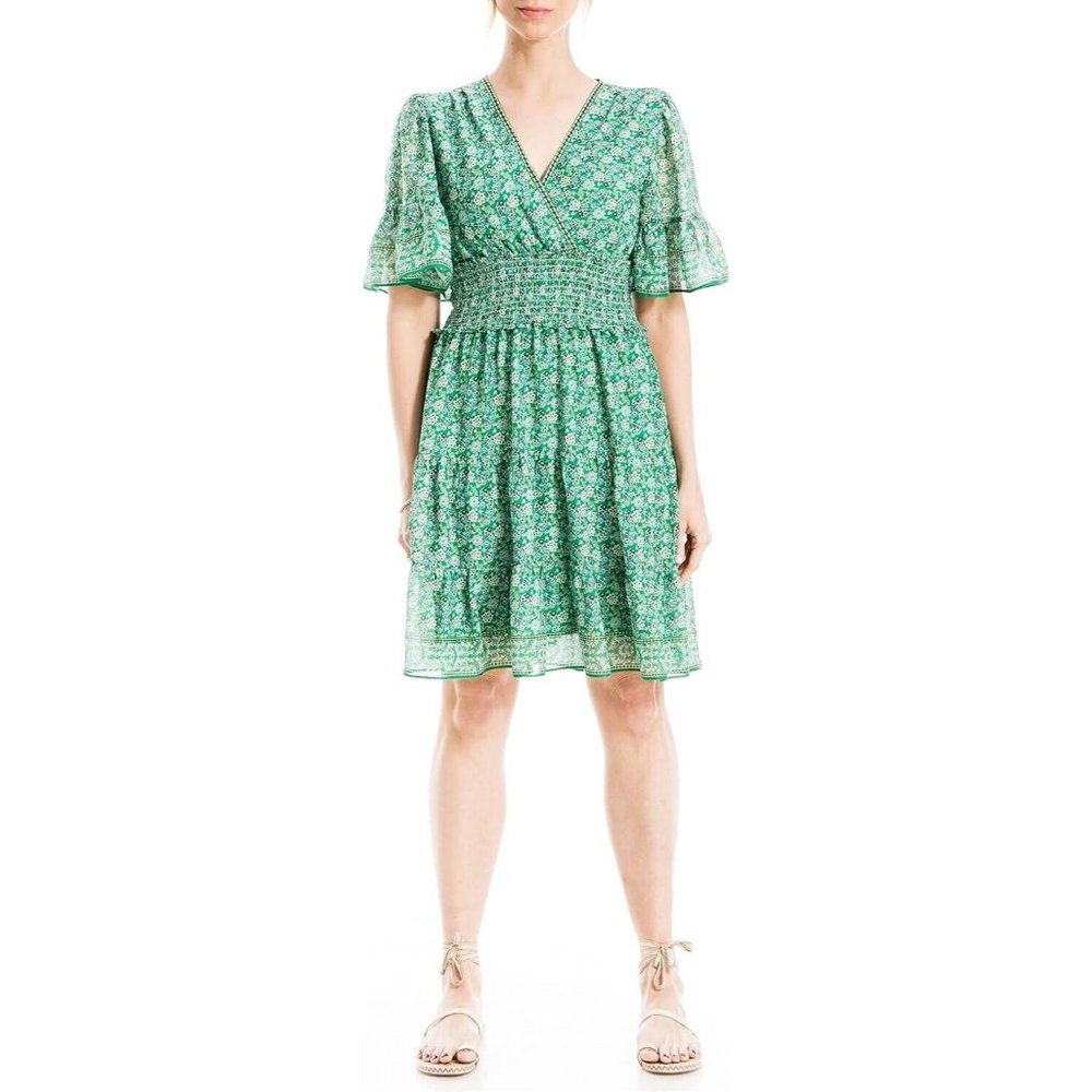 Max Studio Womens Size Small Green Tiered Short Dress Floral Smocked Waist NEW